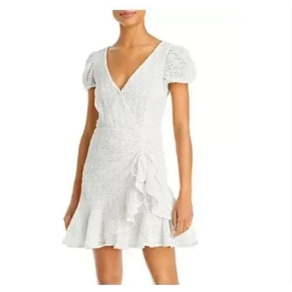 Bardot Nadia Tie Back Mini Eyelet Dress Womens 4 Ivory Ruffle Puff Sleeve NWT - Picture 2 of 16